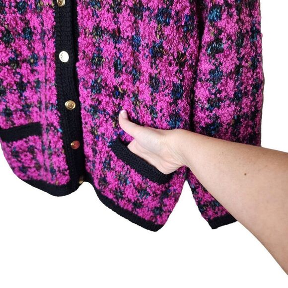 Vintage 80s Peruvian Connection Preppy Cardigan Sweater Womens S Purple Check Br - Picture 2 of 6